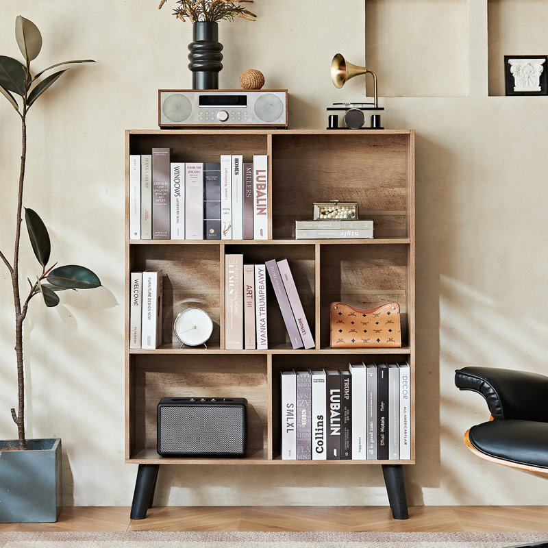 7 Cube Bookshelf, 3 Tier Modern Bookcase With Legs, Wood Cubeicals Organizer Storage Open Shelves, Retro Display Book Shelf, Freestanding Short Book Case For Bedroom,Living Room,Office