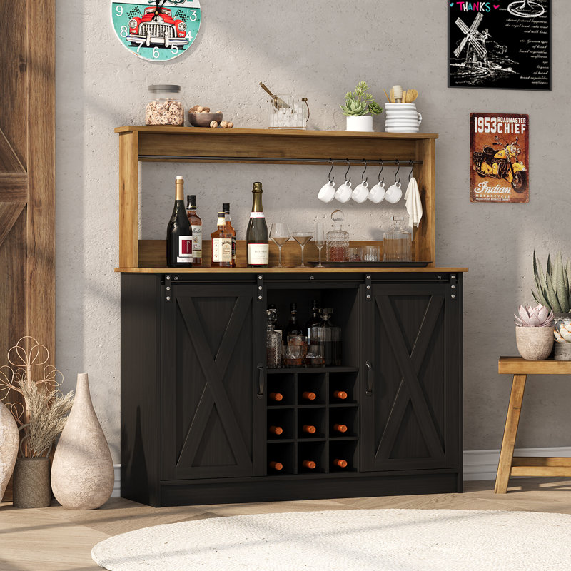Armoire à café avec 6 crochets Abrianna Farmhouse, Noir/naturel