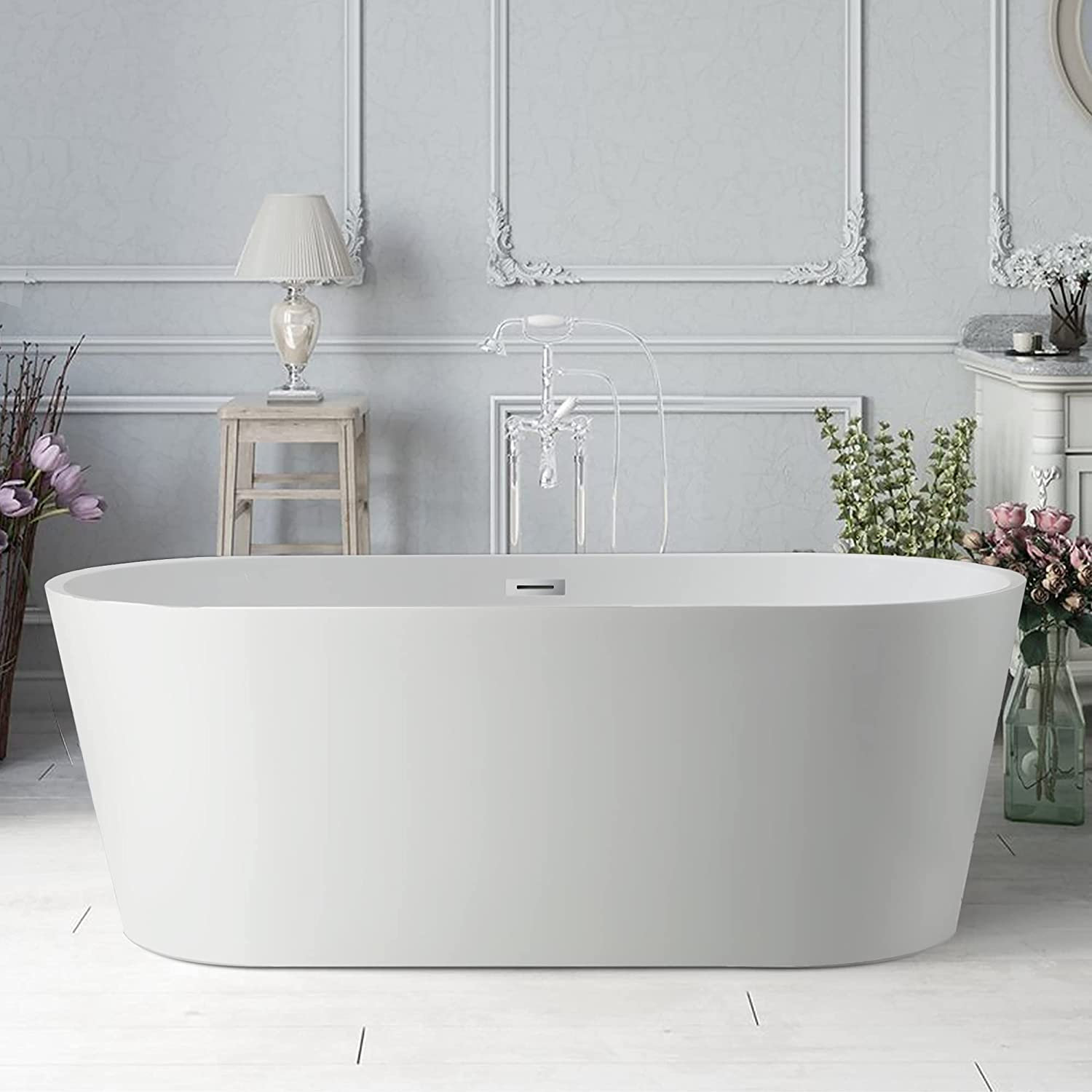 Iris 59" Freestanding Soaking Acrylic Bathtub, White/Polished Chrome