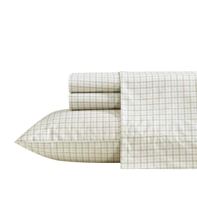 Bradford 200 Thread Count Breathable Cotton Percale Sheet Set, Twin Sheet Set with 1 Pillowcase, Calm Seas Gingham Green