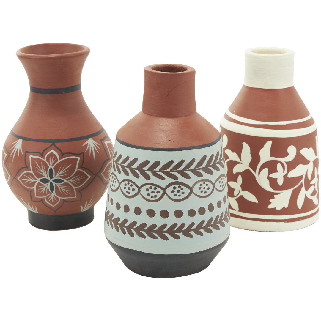 Akron Ceramic Floral Decorative Orange Vase with 3 Different Patterns and Shapes Set Dakota Fields