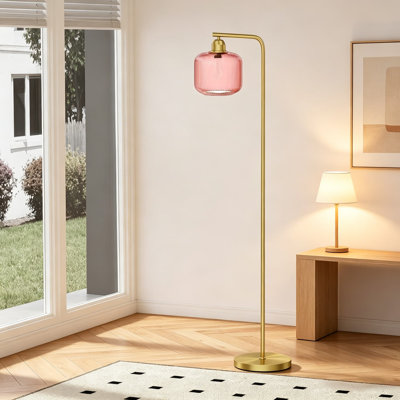 Modern Glass Floor Lamp With Dimmable Warm Light, Pink Ribbed Shade And Brushed Gold Finish For Living Room, Bedroom Or Study