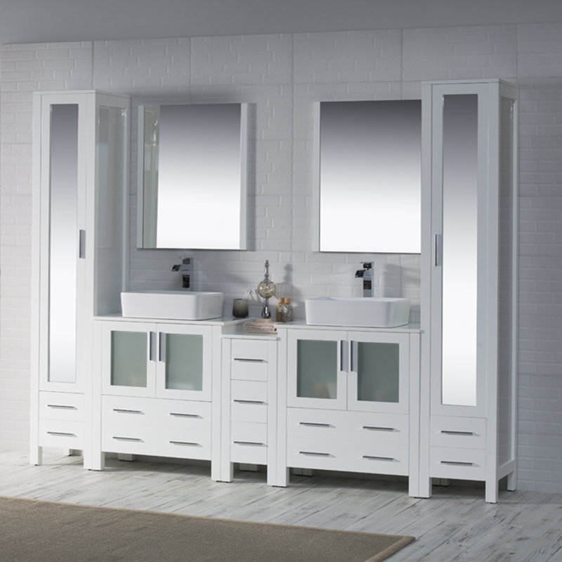 Mance 102" Double Bathroom Vanity Set with Mirror & Linen Closet, Glossy White