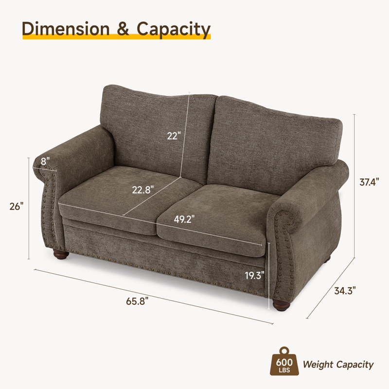 66''  Rolled Arms Chenille Small Sofa Couch, Chesterfield Sofa With Nailhead For Living Room., Brown