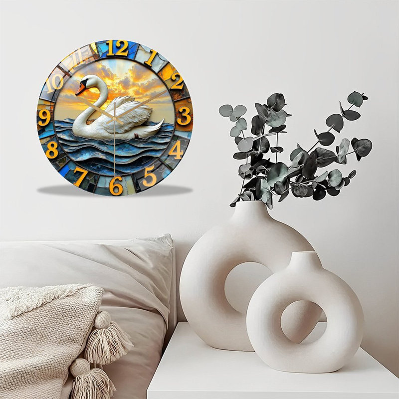 Horloge murale silencieuse en verre trempé de 30 cm, « Élégante horloge murale décorative Cygnes, œuvre d'art unique », sans tic-tac, fonctionne avec des piles (piles AA non comprises), décoration artistique pour la maison