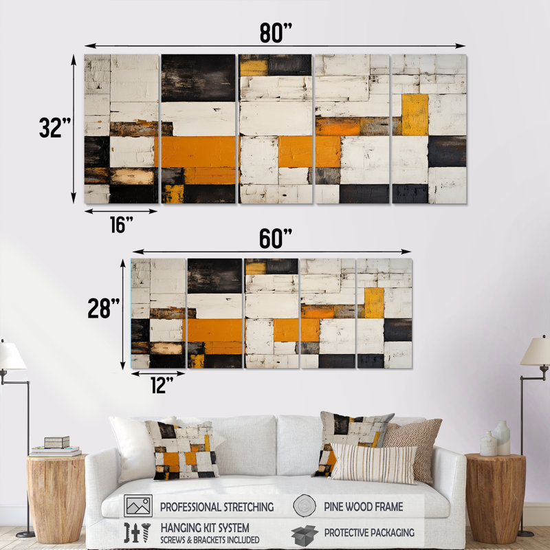 «Cubist Retro Patchwork - Abstract Wall Art», ensemble de 5 pièces, H 32 po x l 80 po