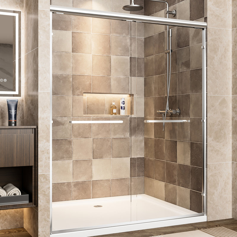 60" Wide Aluminum Double Sliding Shower Door, 1/4"  6Mm  Clear Tempered Glass With - Proof Film, Easy Installation And Corrosion , Bathroom Use 72" High Frame Door 6Mm Shatter Adjustable Waterproof,
