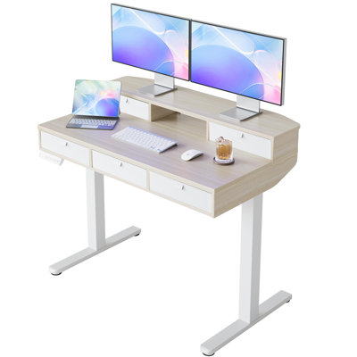 Height Adjustable Standing Desk With Storage Drawers, Electric Sit Stand Desk With Monitor Riser & 4 Memory Settings, Stable Steel Frame Home Office Workstation
