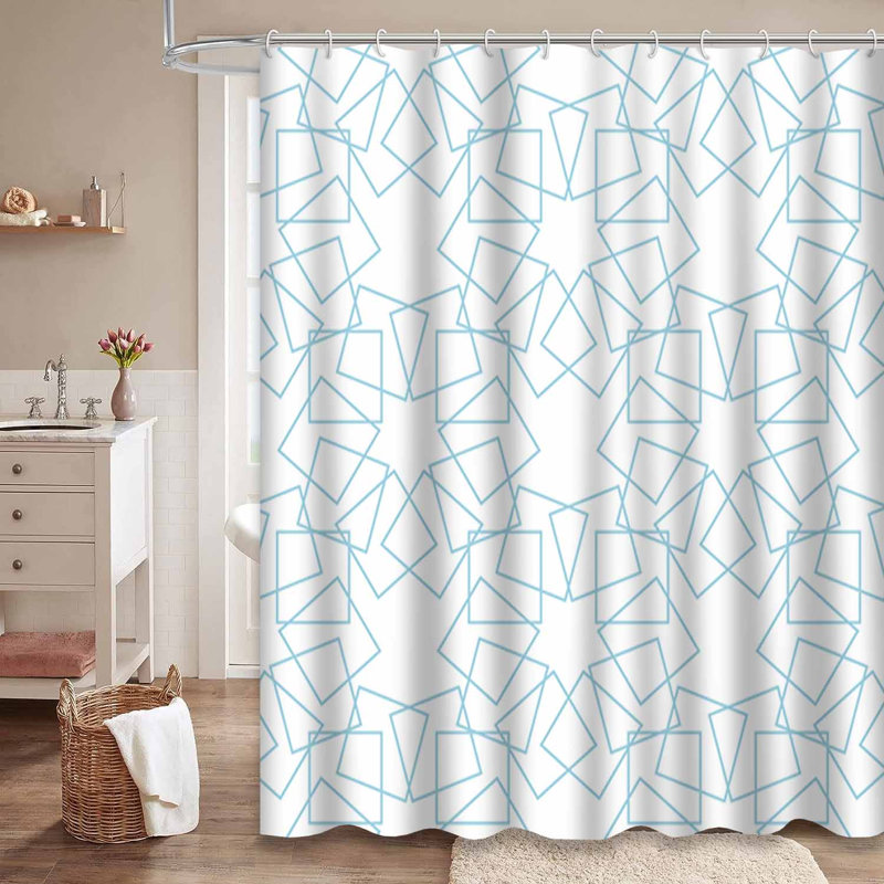Rideau de douche blanc à motif géométrique bleu marine avec 12 crochets, L 72 po x l 84 po