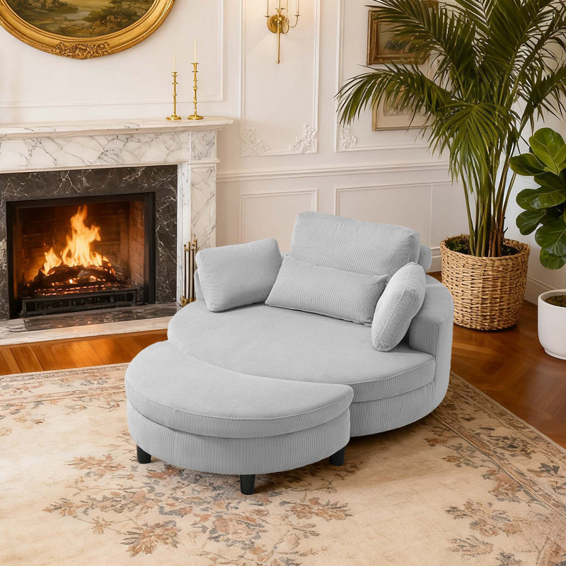 51 Inch Round Modular Accent Sofa With Storage Ottoman & Tray, Light Gray Corduroy Upholstered Couch For Mid-Century Modern Living Room