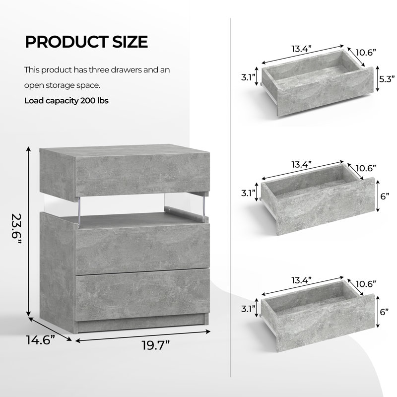 LED Bedside Table Set of 2 with Drawers, Grey