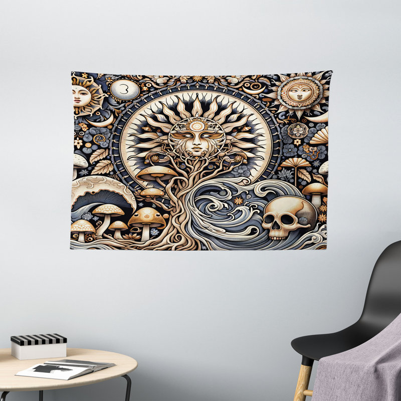 Bungalow Rose Boho Art Wall Hanging Tapestry Occult Sun Skull Moon Wave Blue Violet Pale Brown, H 23 po x l 28 po