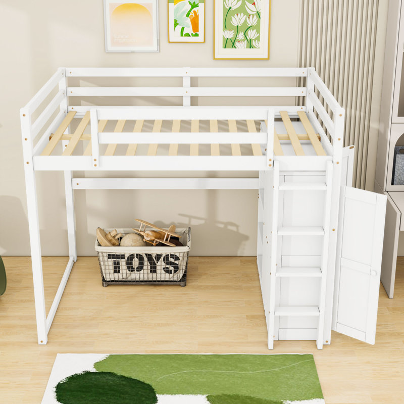 Full Wood Loft Bed With Built-In Ladder, Storage Shelves, Wardrobe And LED Light, White