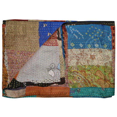 60" X 90" Blue Brown And Green Patchwork Cotton Quilted Kantha Throw Blanket with Embroidery