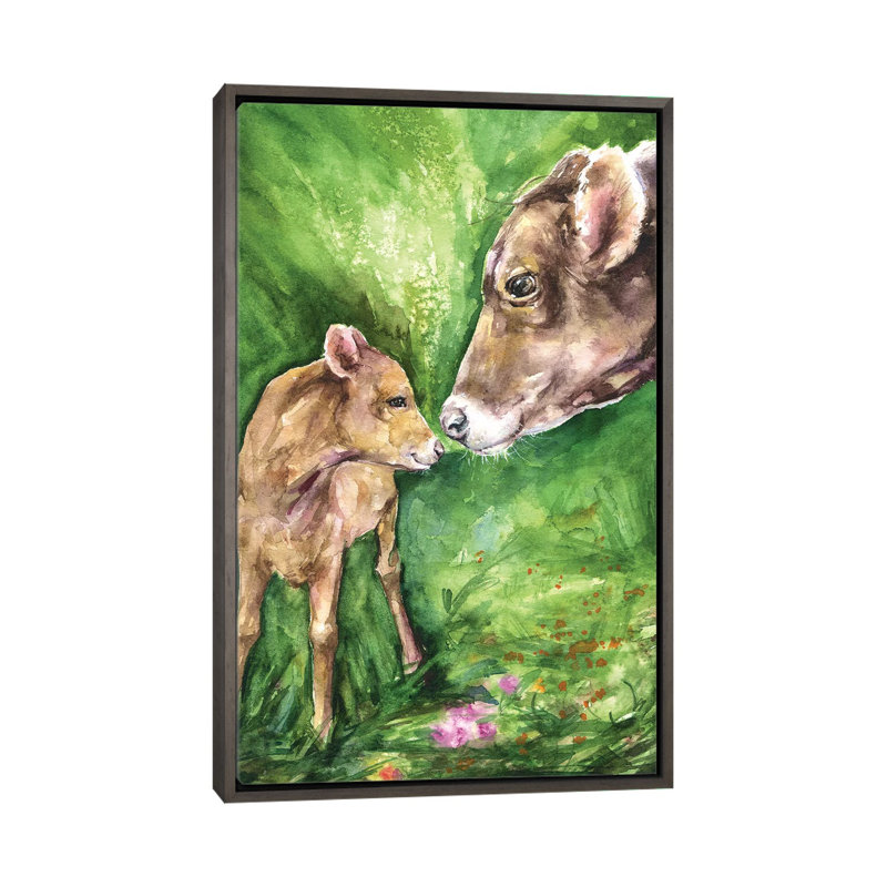 Vache et bébé, décoration murale pour enfants, H 60 po x l 40po x P 1,5 po, Toile avec cadre gris foncé rustique