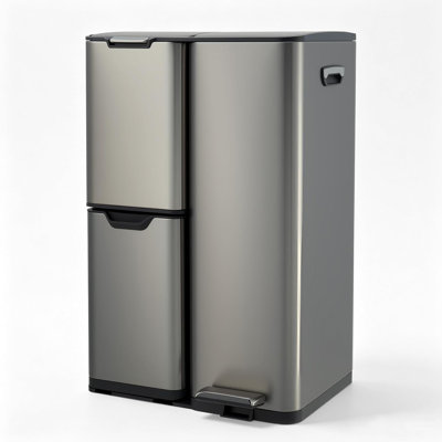 16 Gallon 3-Compartment Trash Can, Stainless Steel Trash and Recycling Bin with Lid, Removable Inner Buckets & Foot Pedals for Kitchen, Home & Office