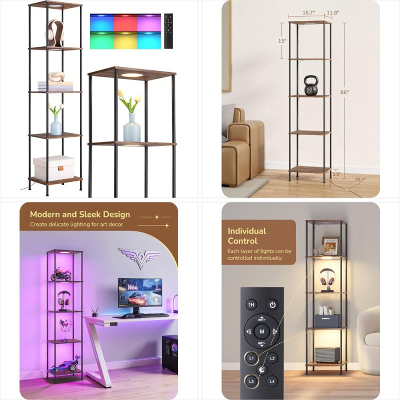 Lampe sur pied DEL à 5 niveaux avec tablettes, luminosité et température de couleur réglables RVBB, télécommande, 3 modes d'éclairage, lampe sur pied moderne pour le salon, la chambre à coucher ou le bureau