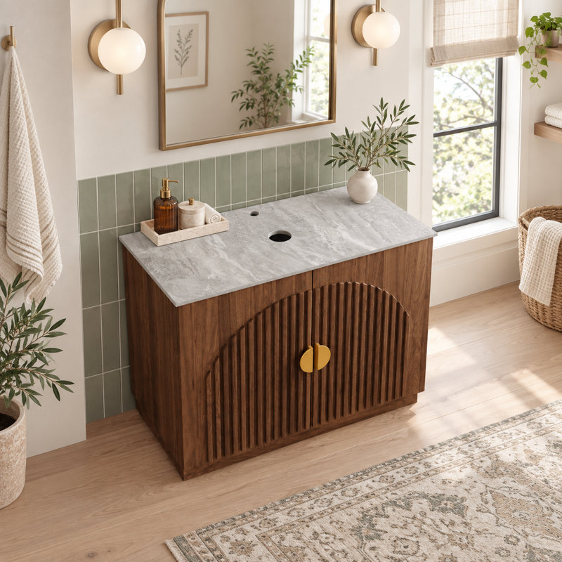 36" Mid-century Modern Bathroom Vanity with Sintered Stone Top, Fluted Cabinet Doors & Gold Handles (Sink Not Included)