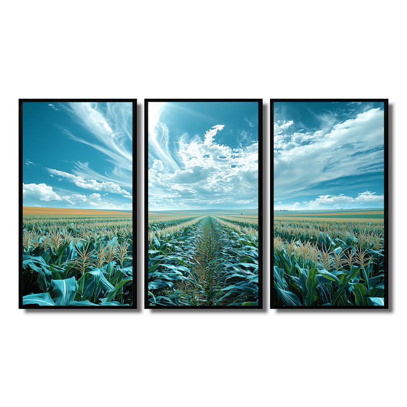 «Green Blue Sky Cornfield Rows I», ensemble d'art mural de ferme, H 28 po x l 36 po x P 1 po, Toile avec cadre flottant noir