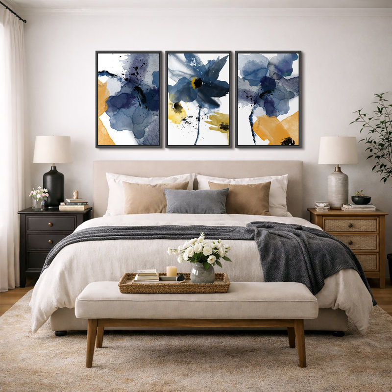 Abstract Botanical "Watercolor Navy Blue & Yellow Floral Artwork, Modern Abstract Expressionist Wall Pictures, Framed Canvas Giclée Print 3 Pieces Wall Art" 16"x24"x3 pcs, 24"x36"x3 pcs