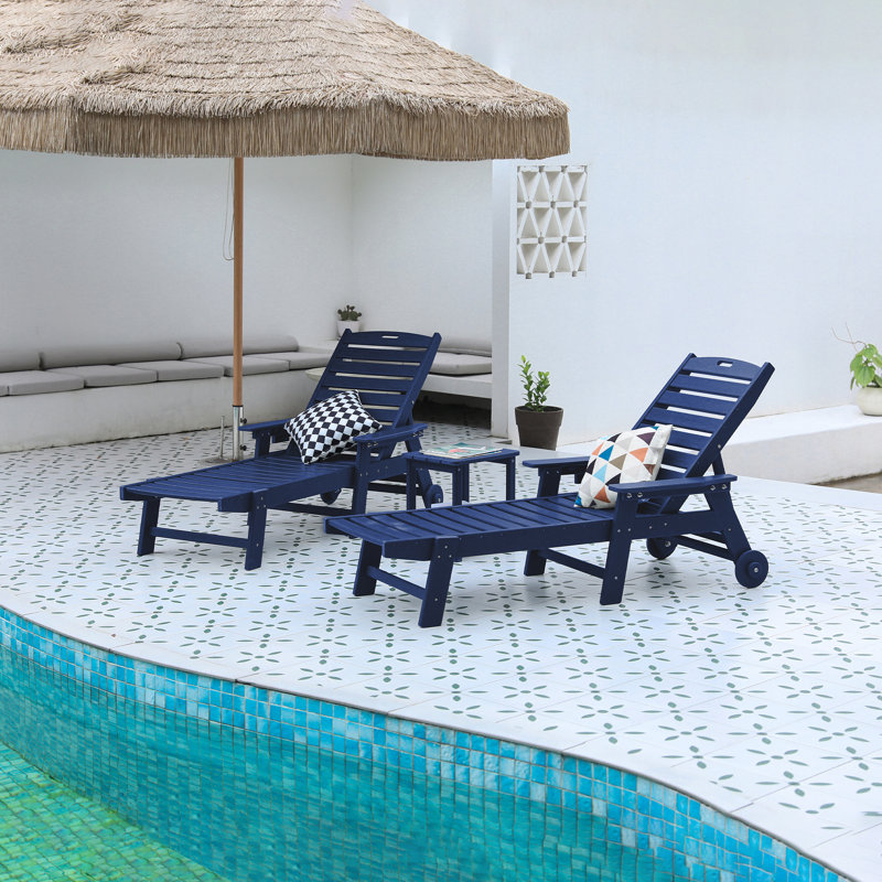 3-Piece Patio Lounge Chair Set With Side Table, Oversized Chaise Lounge With 5-Position Adjustable Backrest, HDPE, Cup Holders, Wheels (2 Chairs + 1 Table)