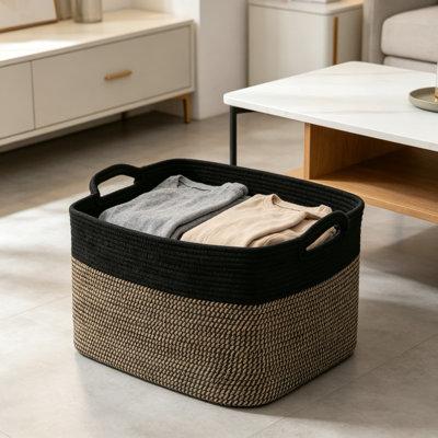 Large Woven Rope Blanket Basket, 65L Rectangle Storage Bin With Handles, Collapsible Laundry Basket For Toys, Clothes, Magazines, And Nursery Organization, Natural Cotton