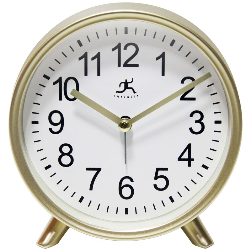Table Clock Round Plastic Tabletop Clock with Alarm Function 5.75 Inches, Gold