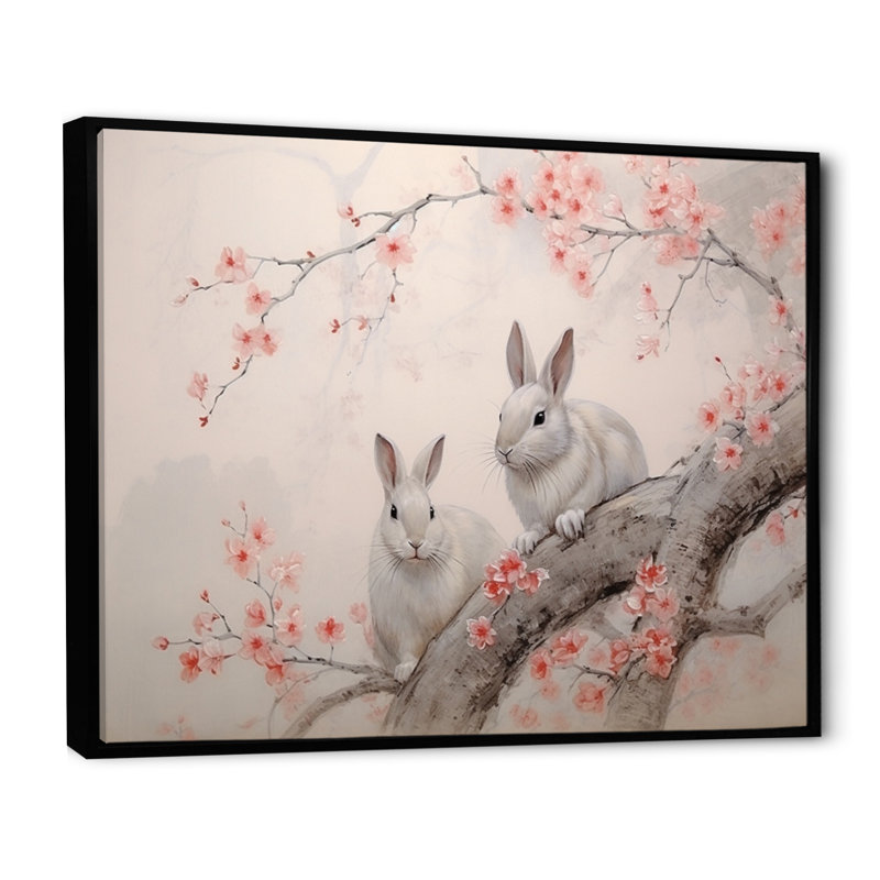 Asian Art Rabbit Familly IV " Asian Art Rabbit Familly IV ", 30" H x 40" W x 1.5" D, Black Floater Framed