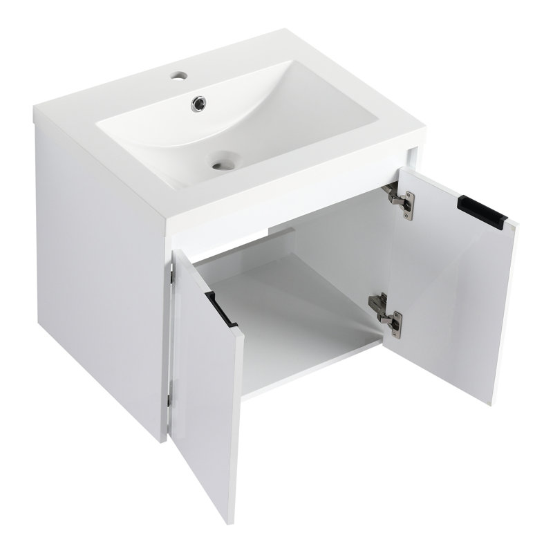 Meuble-lavabo mural 24 po avec lavabo en résine, 2 charnières à fermeture en douceur, fixation à flotteur, blanc brillant et portes de salle de bain élégantes, fixation, look contemporain, installation facile à nettoyer