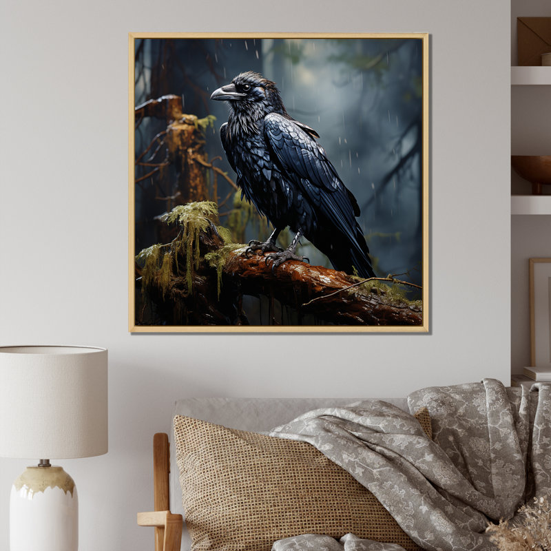 «Black Raven forest Guardian I» - art mural grand corbeau, H 36 po x l 36 po x P 1,5 po, Cadre flottant brun