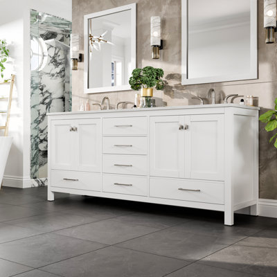 Aberdeen 78 in. Oak Double Sink Bath Vanity with Carrara Quartz Top and Undermount Porcelain Sinks