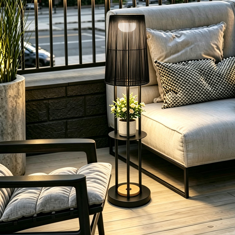 Lampadaire d'extérieur en osier, style néo-chinois, rechargeable solairement et par USB, avec étagères pour plantes, abat-jour gris tissé étanche IP65, autonomie de 10 à 12 heures, idéal pour la décoration de porche, jardin et cour.