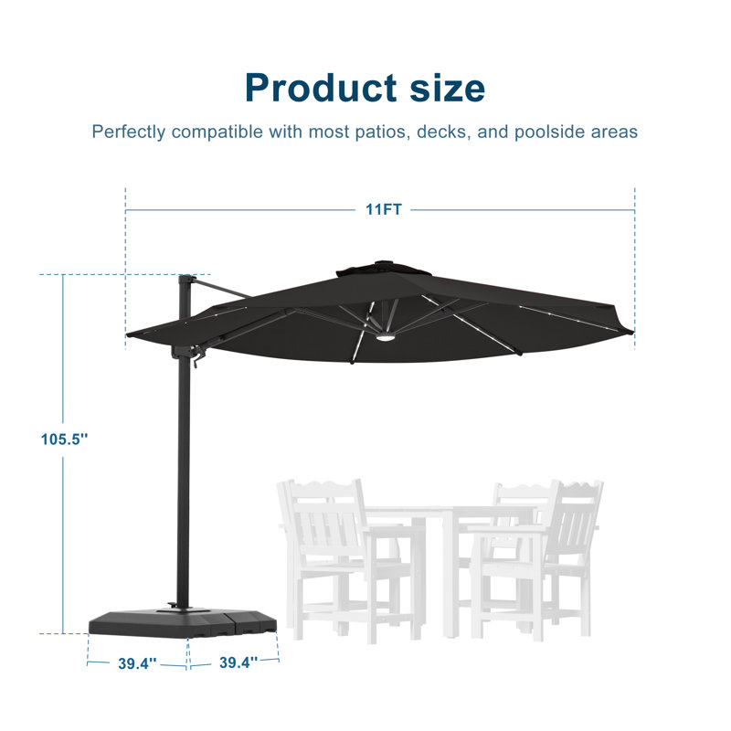 Parasol de patio en porte-à-faux décalé en aluminium de 11 pi avec base incluse, parasol d'extérieur à DEL 8 lumières avec manivelle et inclinaison, protection contre les rayons UV pour la terrasse