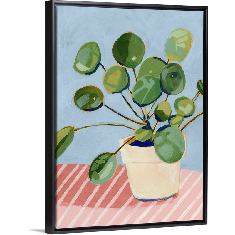 Plante sur toile rose I, art mural, Toile avec cadre noir, H 18 po x l 14 po