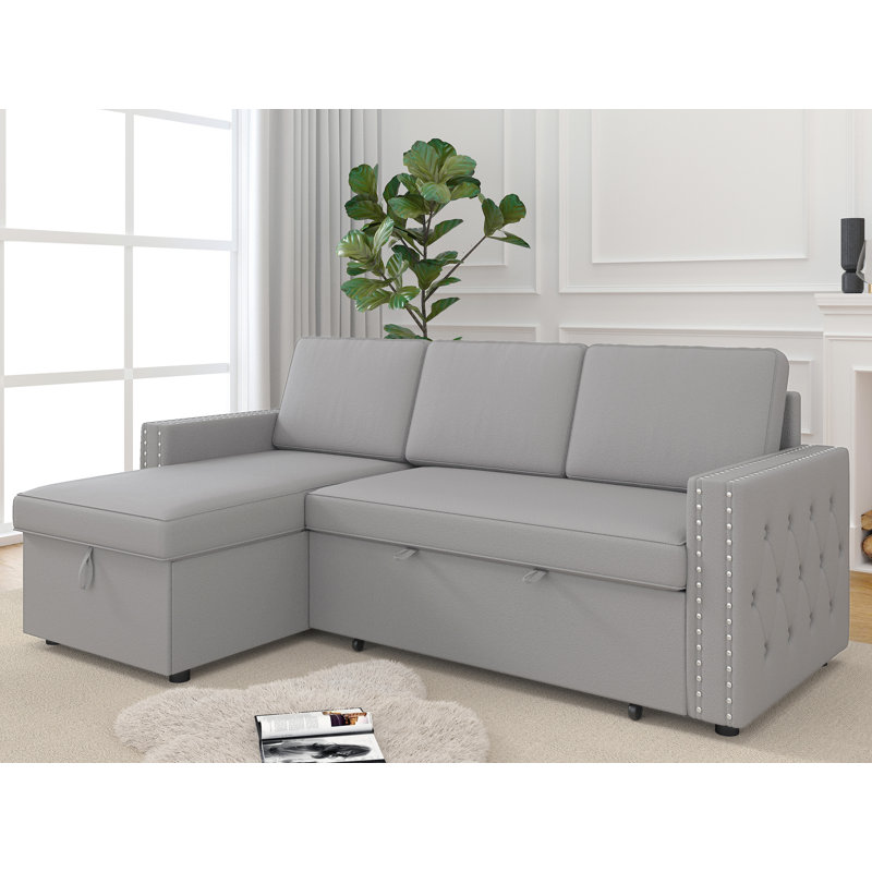 Canapé-lit modulaire coulissant 2 pièces avec méridienne de rangement, Chenille gris pâle