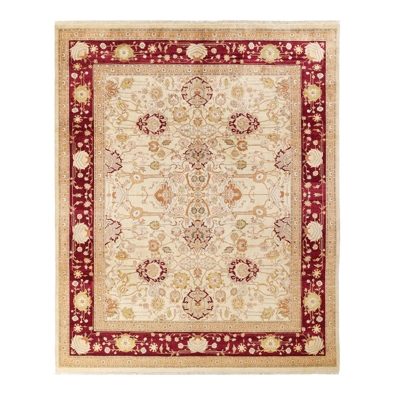 Tapis ivoire en laine noué à la main de conception unique 8 pi 2 po x 10 pi Ohlone