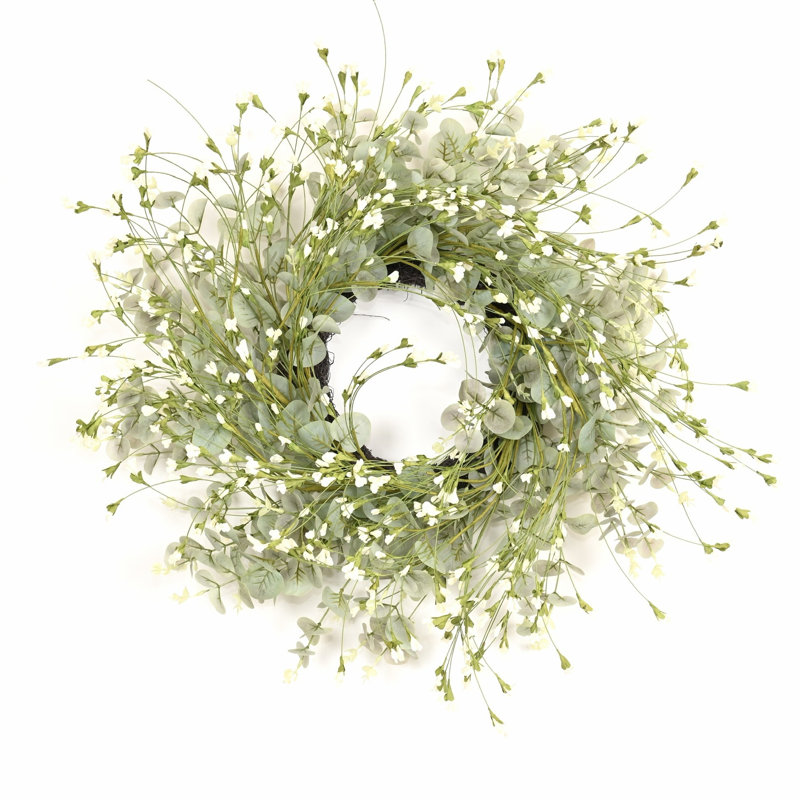 Couronne de porte artificielle florale 24 po Eucalyptus Spring Summer, Vert/blanc