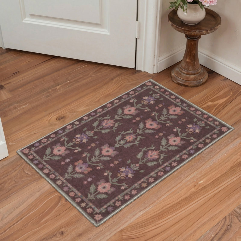 Bellingham Linden Floral Machine Washable Red / Green / Pink Indoor Area Rug with Non-Slip Backing, Rectangle 6' x 9'