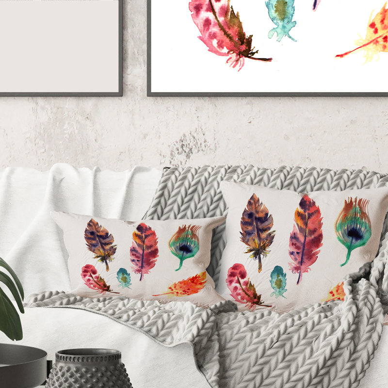 Ensemble de plumes colorées Boho II - Oreiller imprimé bohémien et éclectique