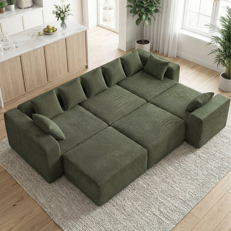 Modular Boneless Sectional Sofa with Chaise, Oversized Minimalist Cloud Couch with Deep Seats, Green