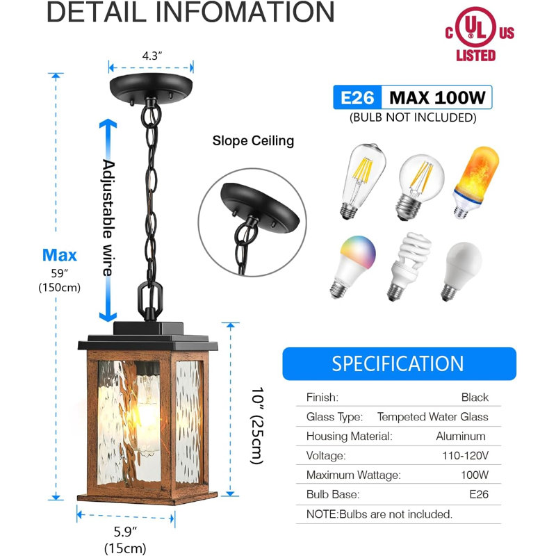 Luminaire suspendu d'extérieur câblé 10 po, Noir/naturel