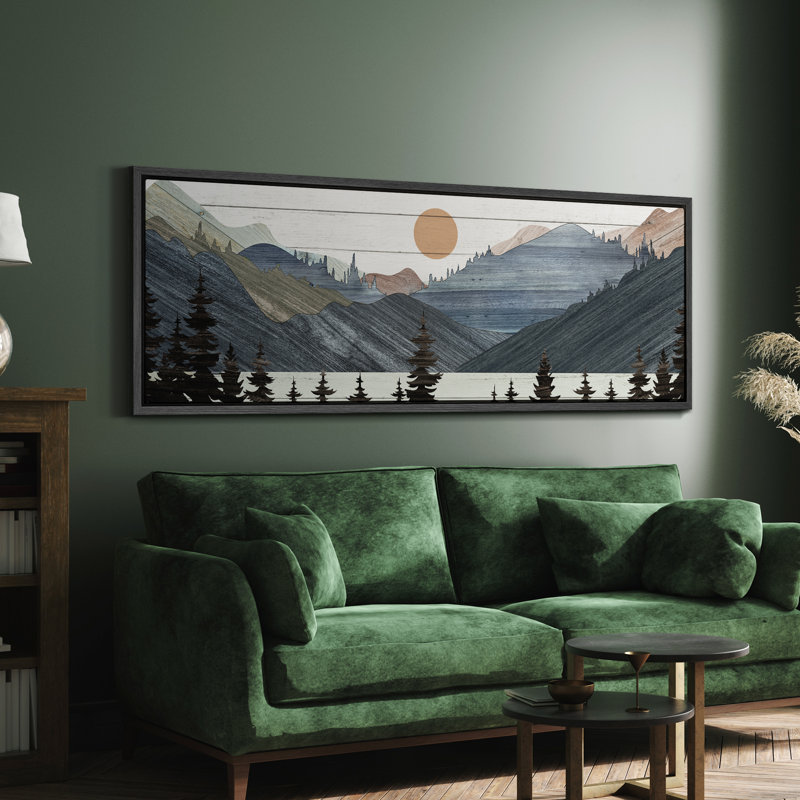 «Western Wood Effect Landscape Twilight Serenity Stylized Mountain and Forest», reproduction encadrée sur toile, Black