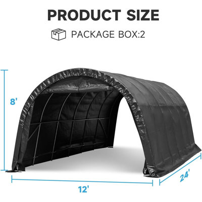 12X24 Ft Heavy Duty Carport, Portable Garage With Steel Frame & Round Roof , Anti-Snow Canopy For Car, Truck, Boat