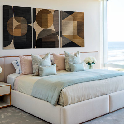 3 Pieces Exculisive Black and Woodgrain Geometric Abstract Large Wall Art Modern, Modern Canvas Decor for Living Room, Bedroom, Office and Home