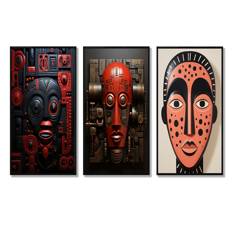 Guerrier zoulou masque africain I - ensemble de salon art mural masque africain, Cadre flottant noir, H 32 po x l 48 po