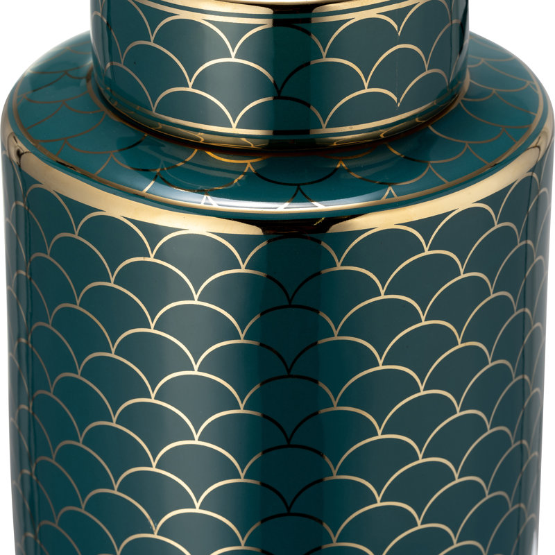 Stoneware Ceramic Decorative Jar with Scalloped Motif and Removable Lid Glam Style Highlighted by Metallic Accents and Gloss Glaze for Display and Storage in Interior Design Arrangements
