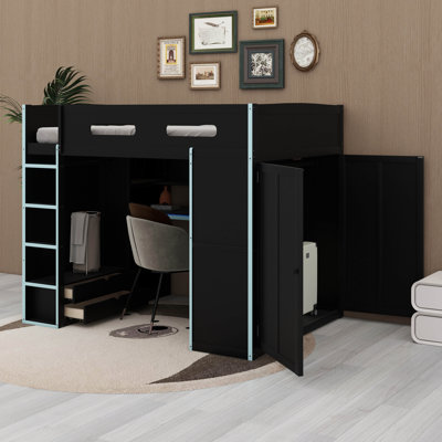 Gaming Loft Bed With Ample Storage Space Drawers Full Loft Bed Frame With Desk, RGB LED Lights And USB Ports