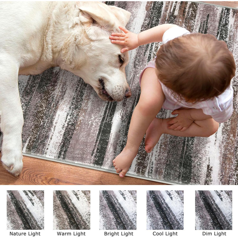 Area Rugs Washable Non Slip Rug with Rubber Backing for Living Room Bedroom, Rectangle 2' x 3', Brown/White/Green