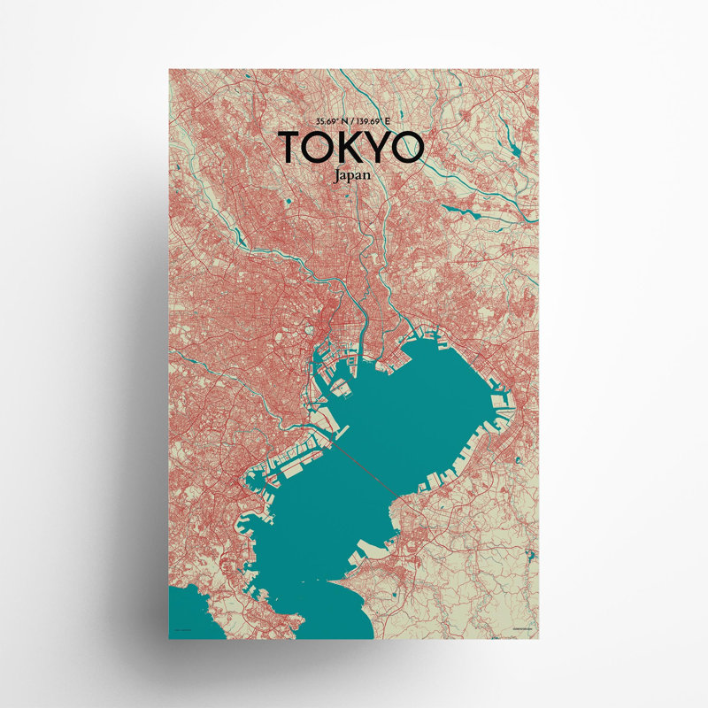 Tokyo City Map In Tricolour - No Frame Print, 17cm H x 11cm W x 0.05cm D
