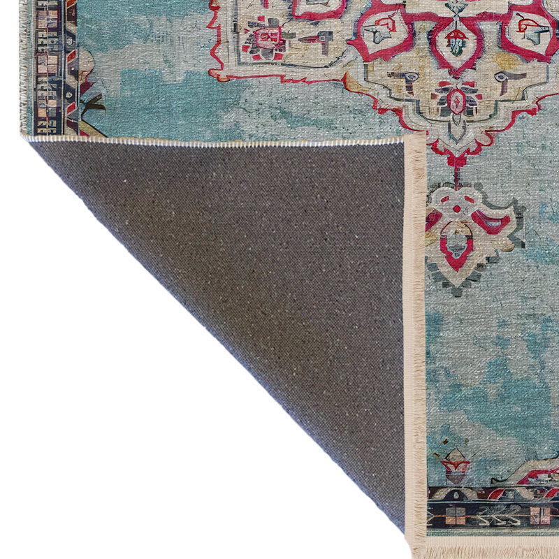 Tapis décoratif rétro multicolore à motif traditionnel Turquoise, Rectangle 3 pi 11,24 po x 5 pi 10,87 po